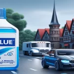 Imagen ilustrativa: Botella de AdBlue junto a un automóvil de gasolina y diésel.