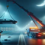Una grúa remolca un automóvil averiado en una carretera solitaria de noche