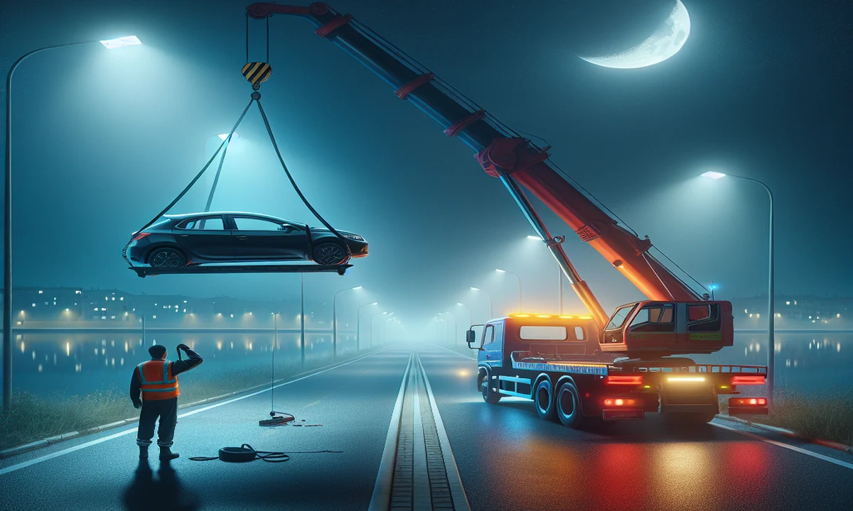 Una grúa remolca un automóvil averiado en una carretera solitaria de noche