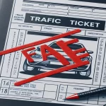 Fotografía de un billete de multa de tráfico con la palabra 'falsa' marcada en rojo