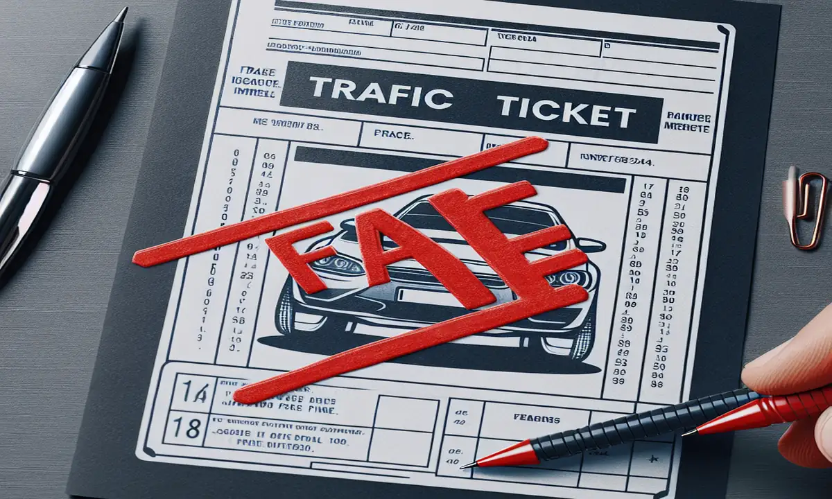 Fotografía de un billete de multa de tráfico con la palabra 'falsa' marcada en rojo