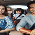 Familia viajando en coche durante el verano con un bebé en su asiento trasero