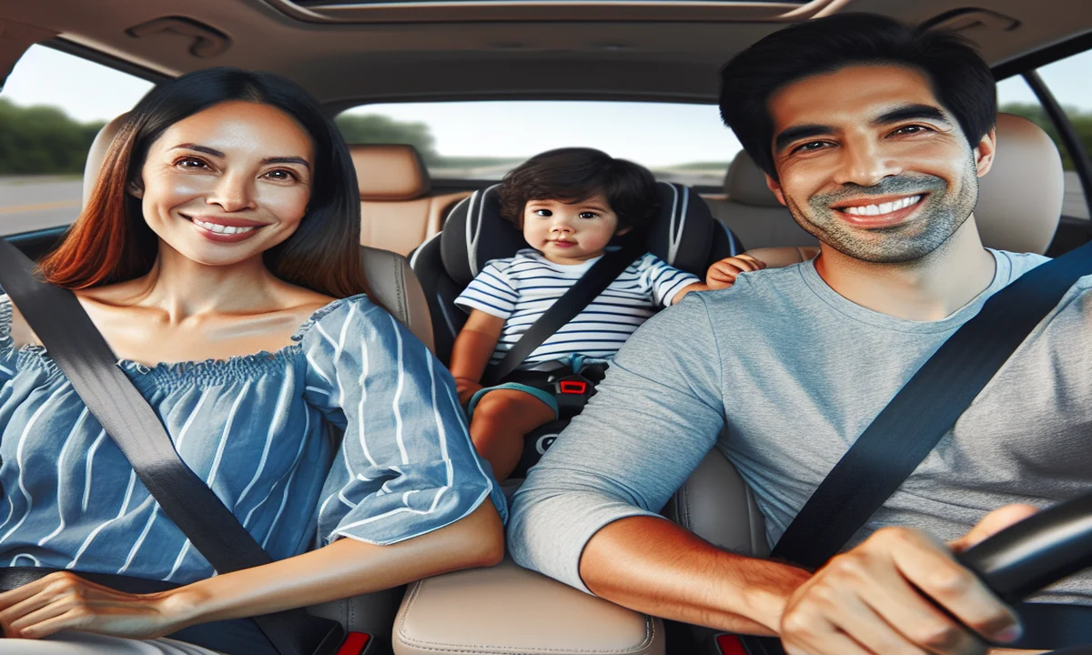 Familia viajando en coche durante el verano con un bebé en su asiento trasero