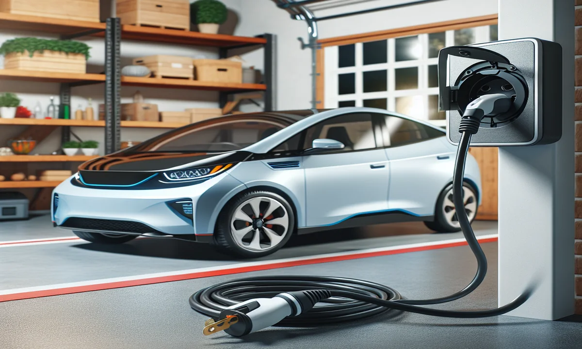 Imagen de un enchufe conectado a un coche eléctrico en un garaje doméstico