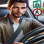 'Ilustración de un conductor con cinturón de seguridad y señales de tráfico
