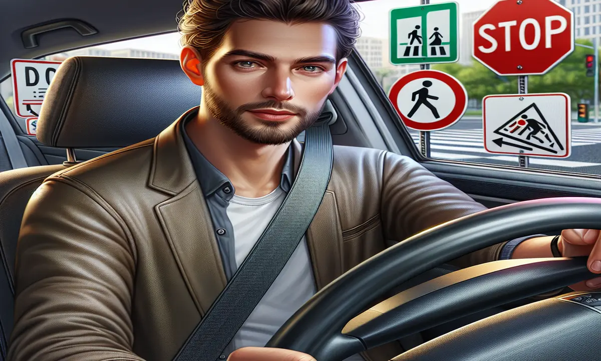 'Ilustración de un conductor con cinturón de seguridad y señales de tráfico