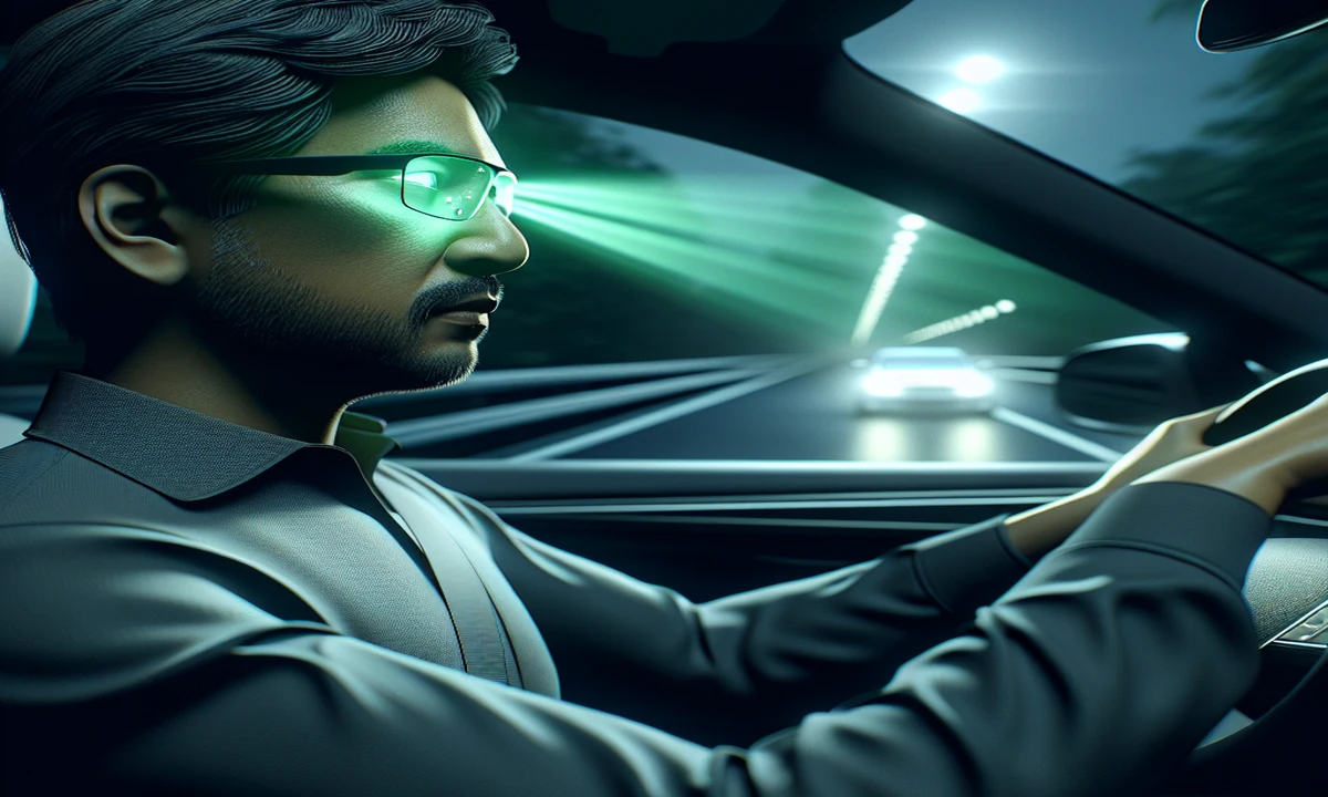 Imagen de un conductor usando gafas nocturnas mientras conduce de noche de forma segura.