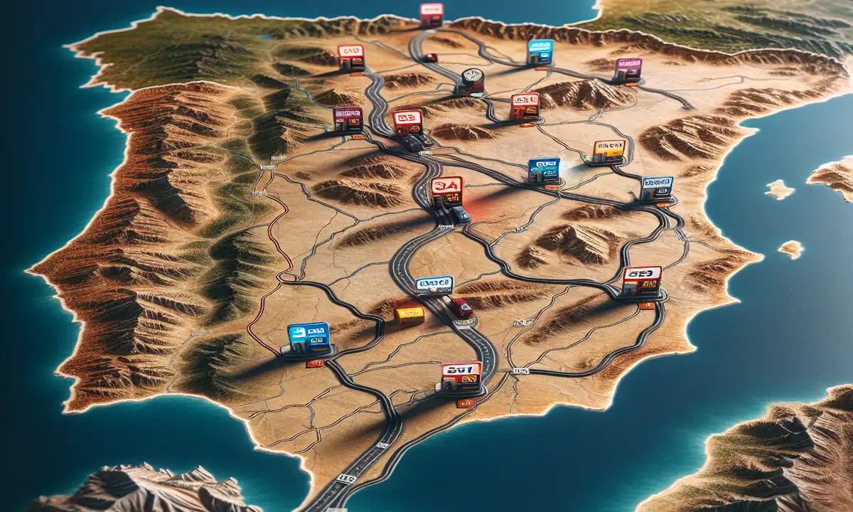 Mapa de carreteras de España con gasolineras más baratas señaladas