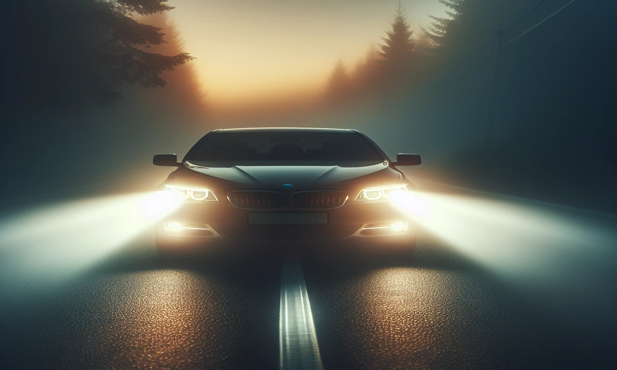 Imagen de un automóvil con las luces antiniebla delanteras encendidas en una carretera con niebla espesa.