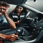 Imagen de un conductor con expresión de frustración intentando cambiar de marchas en un coche