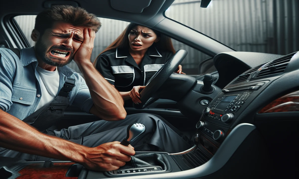 Imagen de un conductor con expresión de frustración intentando cambiar de marchas en un coche