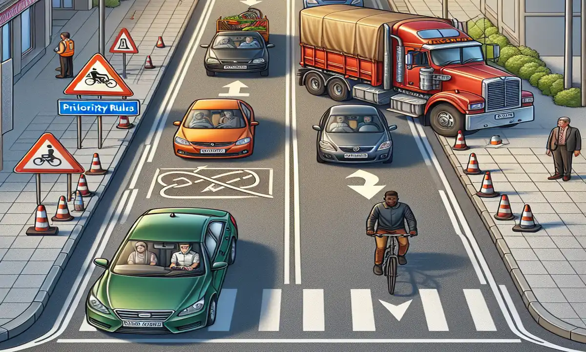 Imagen que ilustra la preferencia de paso en estrechamientos viales según la normativa de tráfico.