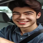 'Imagen de un conductor novato sonriendo al volante de un automóvil