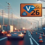 Imagen de la señal de tráfico V-26 con su respectivo significado y características en un artículo web sobre normas viales.